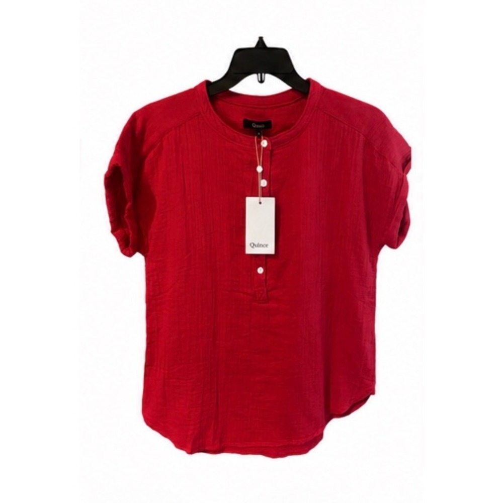 Quince Cotton Gauze Henley Top Womens Small Red NEW Short Sleeve Button Front - Picture 4 of 9